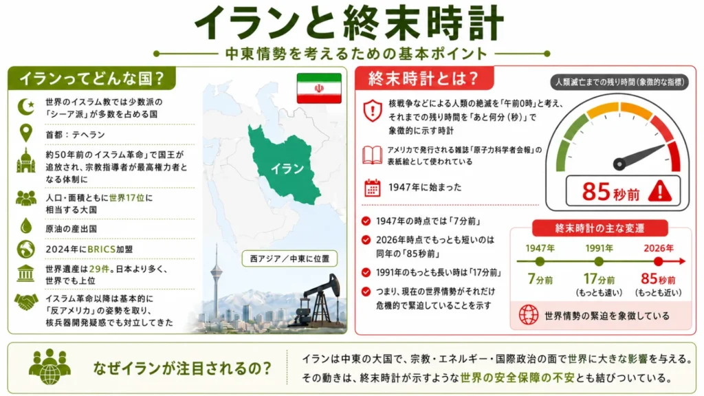 ★イラン　 イスラム教の少数派である「シーア派」の国。首都はテヘラン。 約50年前の「イスラム革命」によって国王が追放され、宗教指導者が最高権力者となっている。 人口、面積ともに世界17位に相当する大国で原油の産出国でもある。2024年にBRICS加盟。 歴史の古い国でもあり、世界遺産の登録数は日本より多い29件で世界10位。 イスラム革命以降は基本的に「反アメリカ」の姿勢を取り、核兵器開発疑惑でも対立してきた。 ★終末時計　 核戦争などによる人類の絶滅を「午前0時」と考え、それまでの残り時間を「あと何分（秒）」という形で象徴的に示す時計のこと。アメリカで発行される雑誌『原子力科学者会報』の表紙絵と　して使われている。 1947年開始。その時点では「7分前」。2026年時点でもっとも短くなったのは同年の「85秒前」。つまり、現在の世界情勢はそれだけ危機的で緊迫しているということ。