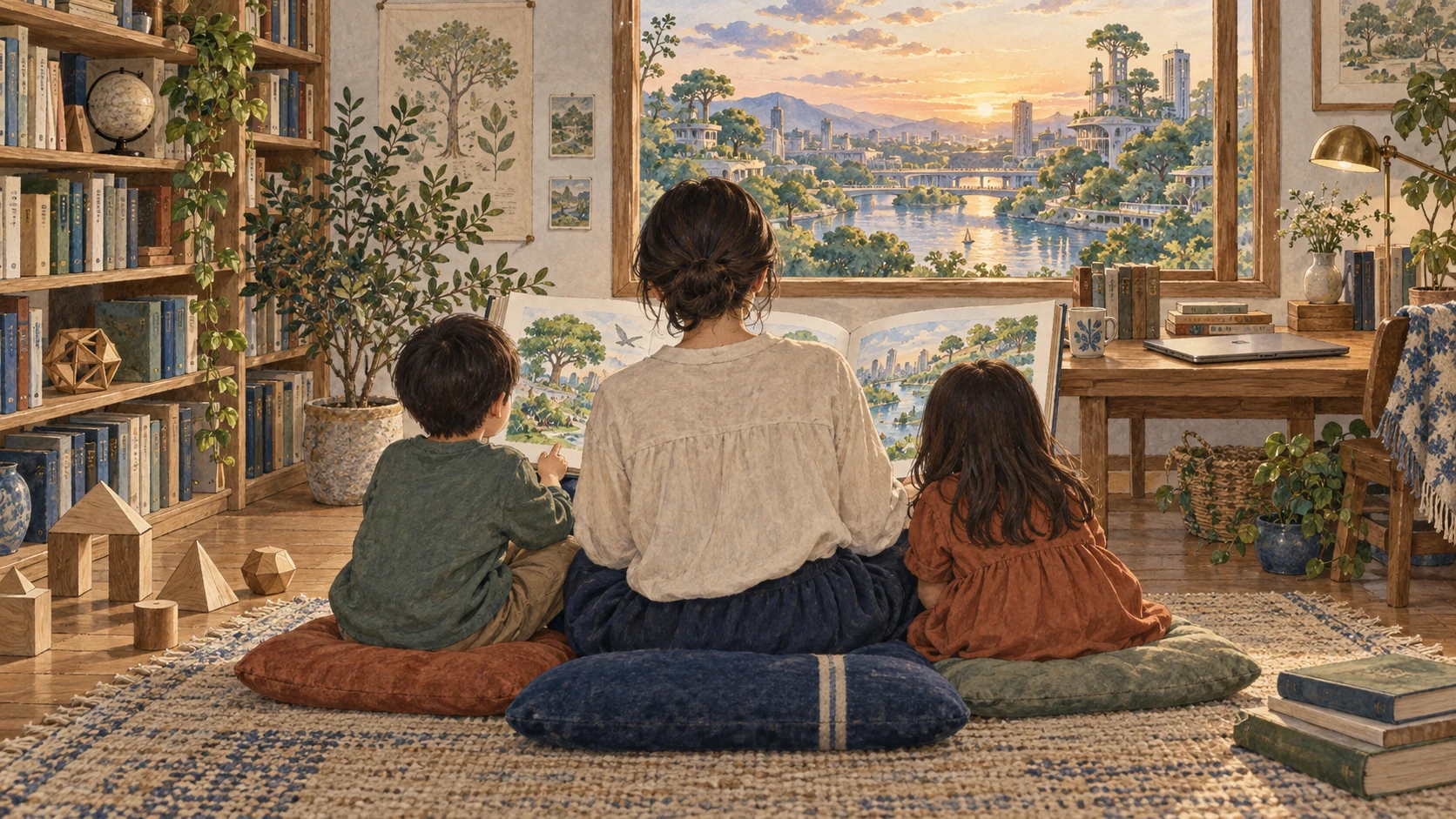 大人と二人の子どもが後ろ姿で一緒に本を読み、未来の街を想像する水彩調のイラスト