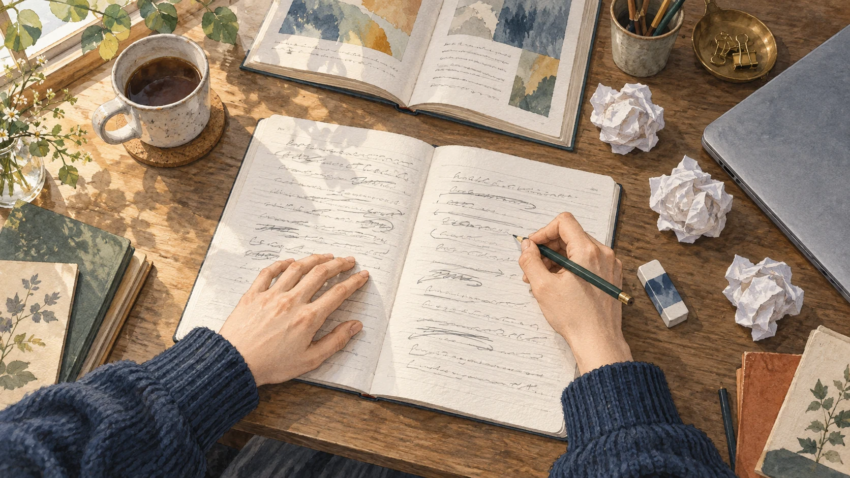 ノートに鉛筆で書き直しながら、自分の言葉を探す手元の水彩調のイラスト