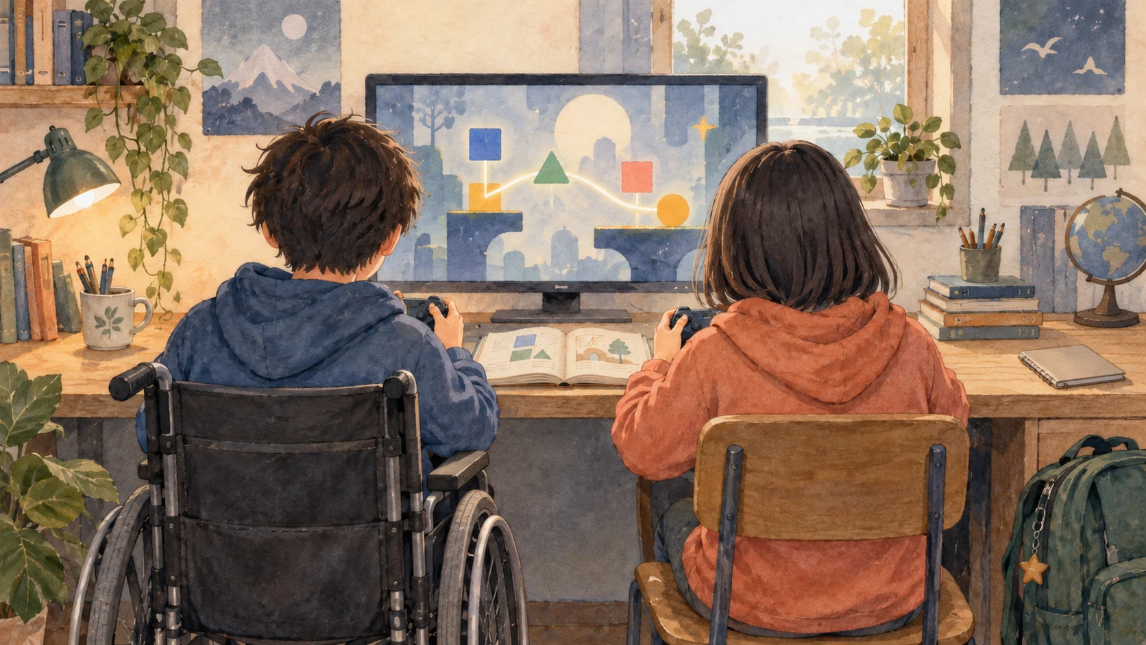 車いすを使う子どもと隣に座る子どもが、同じ画面で協力してゲームに取り組む後ろ姿の水彩画